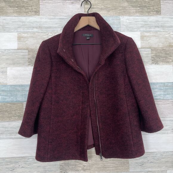 Ann Taylor Wool Tweed Snap Funnel Neck Coat Red 3/4 Sleeve Lined Womens 10 - Picture 3 of 7